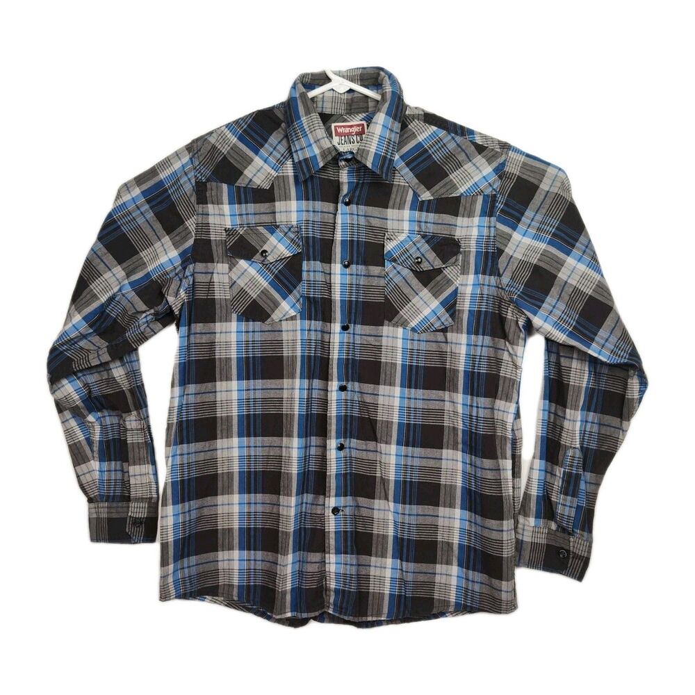 Wrangler Jeans Co. Pearl Snap-Up Shirt Men's L‎ Blue/Brown Plaid Long Sleeves